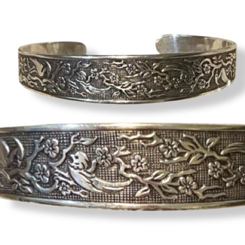 Vintage Reed & Barton Tree of Life Sterling Silver Damascene Cuff Birds Flowers